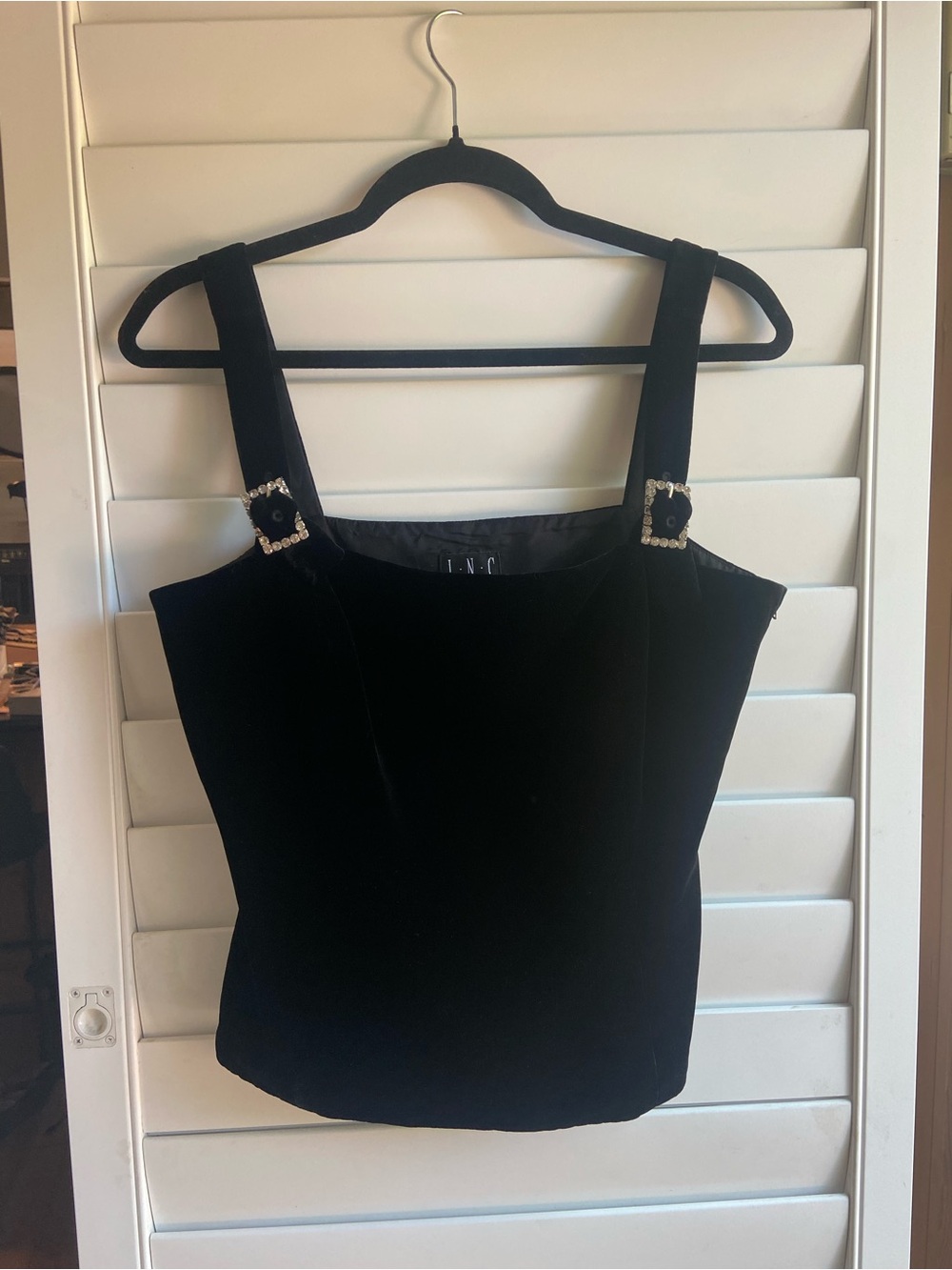 INC International Concepts Black Velvet Tank with Jeweled Buckles